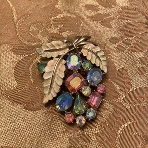 Vintage Coro Leaf Brooch with Multicolor Gems